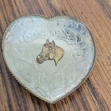 Heart-Shaped Western Americana Belt Buckle Silver Tone Horse Head Motif