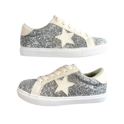 PARTY Glitter Star Sneakers Women Size 8 Silver White Lace Up Low Top