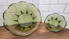 Vintage Green Glass Bowl Set Candy Dish Serving Bowl Chip & Dip Set Ruffled