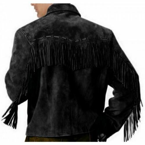 Chaqueta occidental con flecos de cuero de gamuza azul coñac, marrón, negra y azul WFJ20 para hombre - Imagen 7 de 17