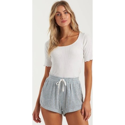Billabong Women's Road Trippin Striped Scalloped Hem Elastic Waist Mini Shorts - Picture 8 of 13