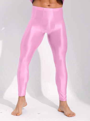Men's Oil Shiny Compression Pants Nylon Stretchy Smooth Gym Workout Tights AU - Picture 21 of 67