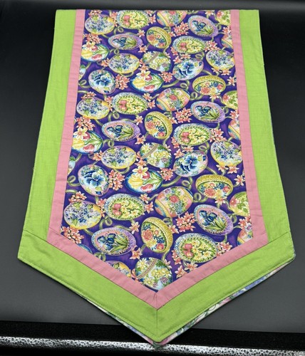 TABLE RUNNER Easter Eggs Florals Spring Handcrafted Reversible Cotton 45.75”x14” - Picture 3 of 6