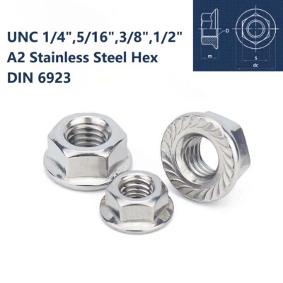 UNC 1/4'',5/16'',3/8'',1/2''  Flanged Nuts Serrated A2 Stainless Steel Hex DIN 6923