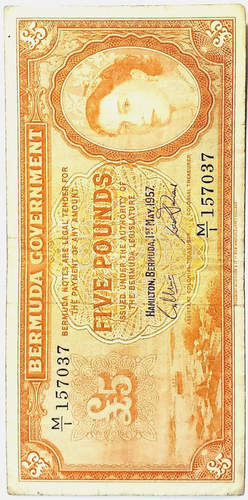 BERMUDA £5 POUNDS (1957 RARE SCARE) QUEEN ELIZABETH II BANKNOTE ~ PICK #21C - Picture 3 of 6