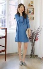 New Maternity Denim Shirt Dress Knee Length Long Sleeve Blue Size 12