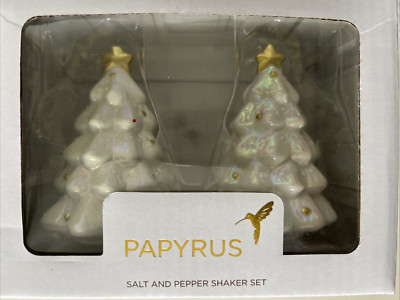 Papyrus Salt & Pepper Shakers White Gold Trees Holiday Christmas Winter New/ Box
