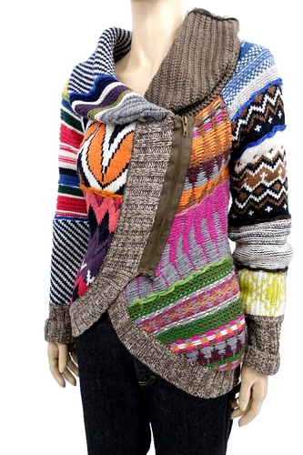 Desigual Multicolor Patchwork Geometric Knit Zip-Up Cardigan Sweater Size M - Picture 3 of 9