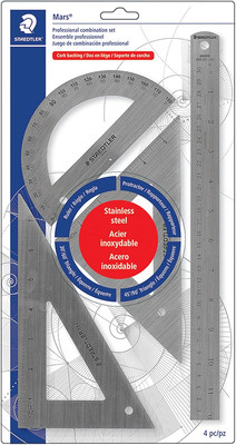 Staedtler Stainless Steel Math Set with Ruler, 2 Triangles, Protractor, 4 Piece,