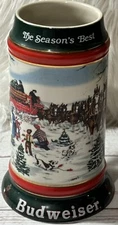 1991  Anheuser Busch  AB  Budweiser Bud Holiday Christmas Beer Stein Clydesdales