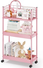 KINGRACK 3-Tier Rolling Utility Cart with Wheels, Metal Slim 3-Tier, Pink 