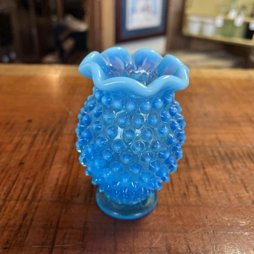 Vintage Fenton Blue Opalescent Glass Hobnail Mini Bud Vase