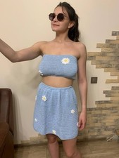 Crochet Two Piece Set Handmade Blue Daisy Tube Top Skirt Set