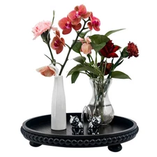 Decorative Tray 12in Round Wood Beaded - Black Serving Risers for Living Room