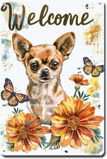 Decorative Tin Metal Signs Vintage Chihuahua Welcome Mexican Marigolds for Mex