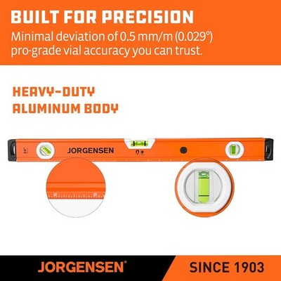 JORGENSEN 24 in Magnetic Torpedo Level Aluminum Spirit Level 45°/90°/180° Bubble