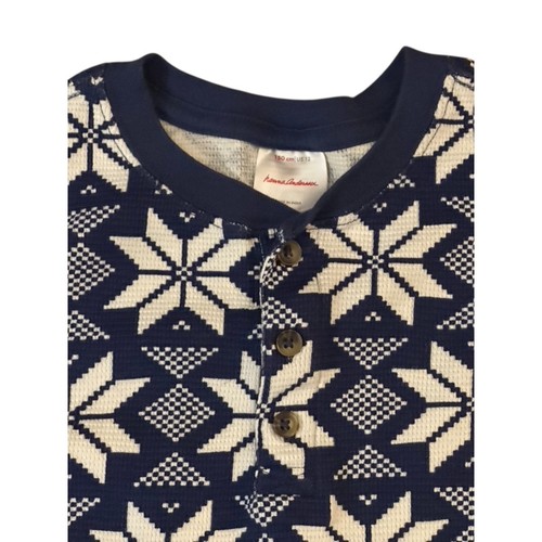 Hanna Andersson Navy Blue & White Snowflake Print Thermal Henley Shirt Sz 12 - Picture 2 of 6