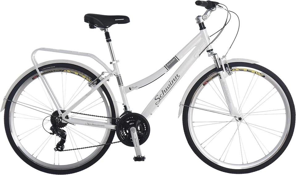 Bicicleta híbrida Schwinn Discover, 21 velocidades, ruedas de 28 pulgadas, portaequipajes de carga trasero - BLANCO Foto 2 de 4