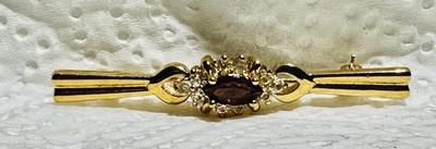 Vintage Red & Clear Rhinestone Gold Tone Bar Brooch  2''