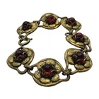 Ruby Red Cabochon Bracelet Gold-Tone Floral Link Bracelet Glass 6.5" Victorian