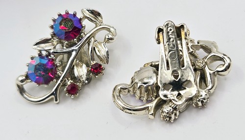 VTG Signed CORO Aurora Borealis Rhinestone Necklace & Earrings Set Floral Design - Picture 5 of 11