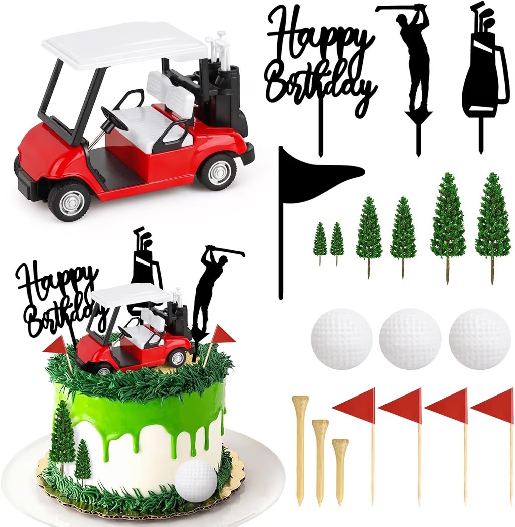Cake Decorations With Mini Cart, Ball, Clubs, Red Flag Golf 