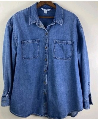 Old Navy The Boyfriend Shirt Women L Blue Denim Button Heavyweight Chore Shacket