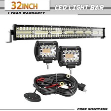 32" Curved Triple Row 672W LED Light Bar w/ 4" 60W Driving Fog Lights Wiring Kit