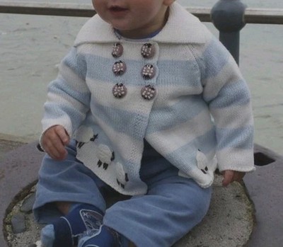 Powell Craft Baby Boy 2-3 Yrs Blue  Stripe Cardigan Sweater Sheep England 