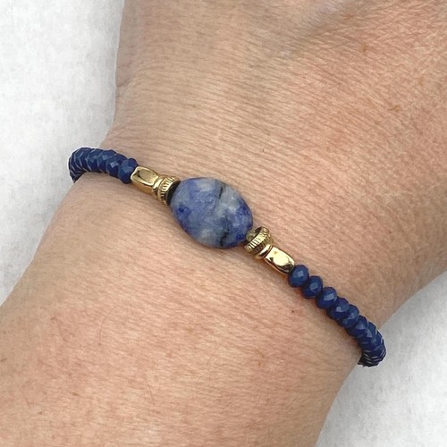 Vintage Blue Sodalite and Blue Faceted Crystals Elastic Beaded Bracelet, 6 1/4".