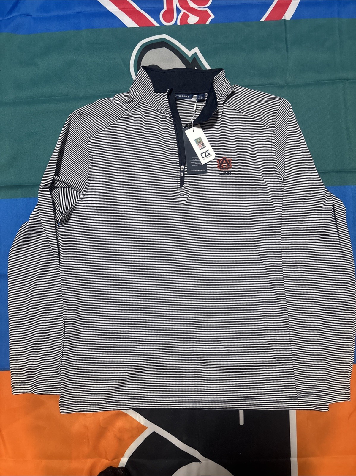 NWT Men’s Medium Auburn Tigers Alumni Cutter & Buck Blue Stripe 1/4 Zip
