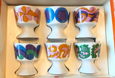 Vintage Arabia Finland Laura Pop Psychedelic Egg Cup Set of 6 Boxed Goran Back