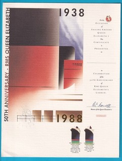 Original Cunard R.M.S. QUEEN ELIZABETH 2 Certificate 50th Anniversary QE Launch