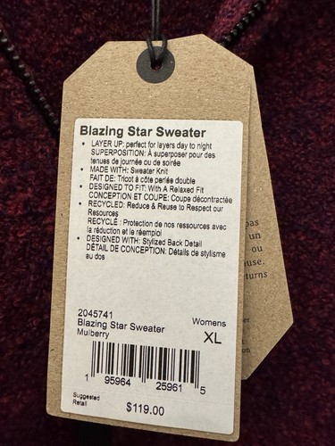 prAna Women's $119 Blazing Star Merino Wool Blend Sweater in Mulberry size XL - Picture 2 of 2