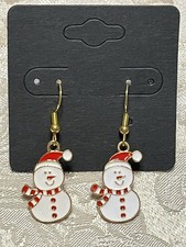 Christmas Snowman Holiday Gold Loop Enamel Drop Dangle Adorable Earring Set