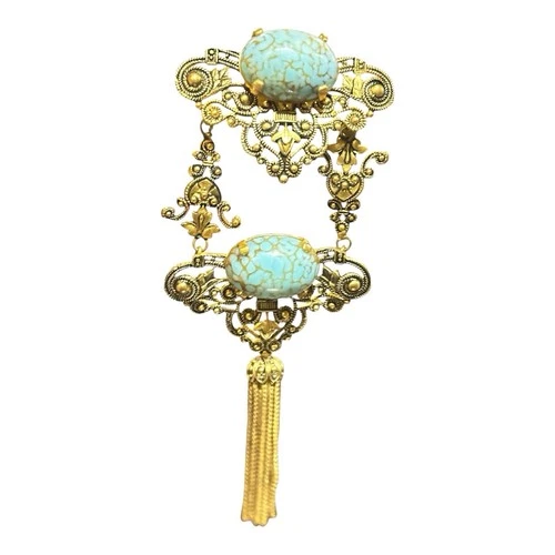 Victorian Turquoise Cabochon In Antique Goldtone With Tassel Dangles Brooch