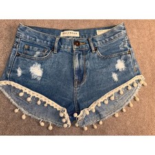 Bullhead High Rise 100 Cotton Denim Shorts Size 1 Distressed Pom Pom 2" Inseam