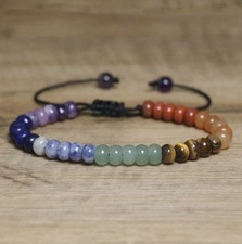 Chakra colors Beaded Cord Bracelet Round Gemstone Adjustable Slide