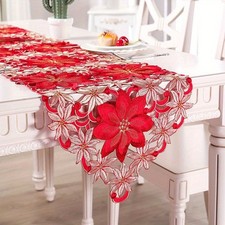 Christmas Poinsettia Table Runner Red Floral Lace Table Decor for Holiday Dining