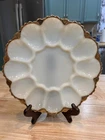 Vintage Anchor Hocking Milk Glass Deviled Egg Plate with Gold Trim Ornate Bottom