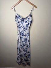 Blue & White Floral Satin Maxi Dress Spaghetti Strap Cowl Neck Y2K Windsor