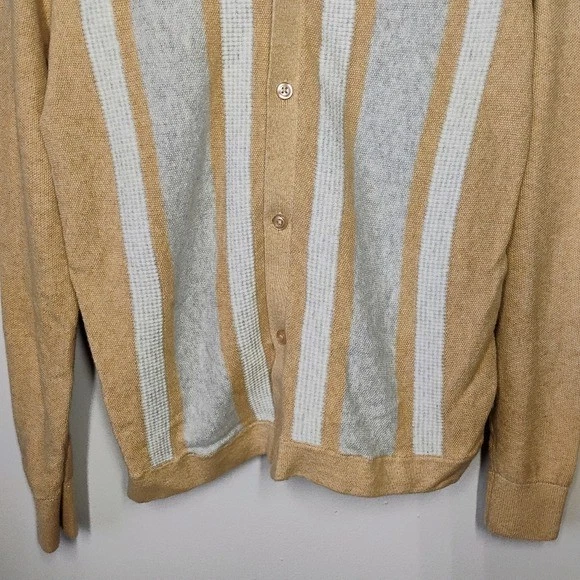 Express Stripe Button Down Sweater Polo Men Small Beige Neutral Cardigan Preppy - Image 3 of 4