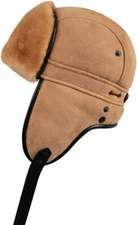 Shearling Sheepskin Biker Trapper Fur Hat-Tan