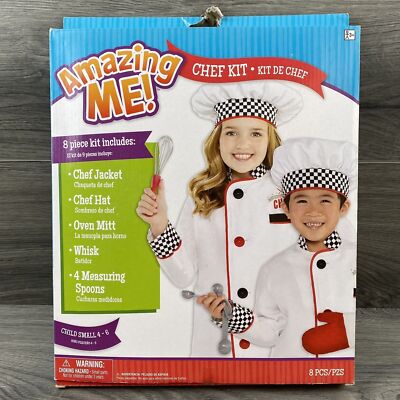 Amazing Me Chef Kit Costume Child Size S(4-6) Jacket Hat Mitt Spoons Whisk
