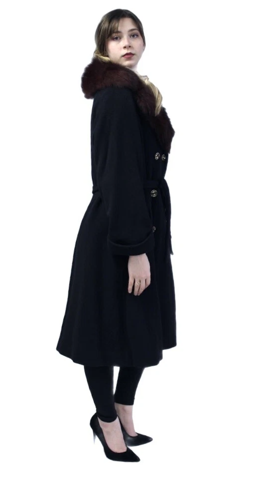 Abrigo de cachemir negro Riva Matlick vintage años 70 cuello de piel de zorro rojo M/L Foto 2 de 4