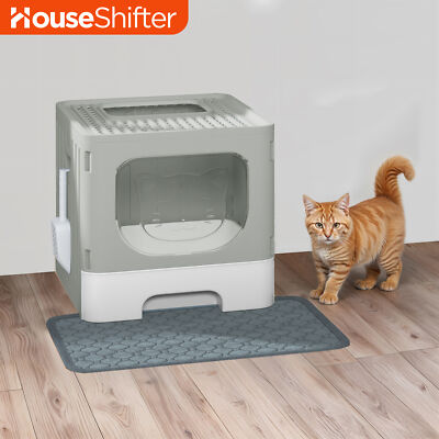 Large Enclosed Cat Litter Box 15'' Square Clear Covered Toilet Odorless Mat Scoop