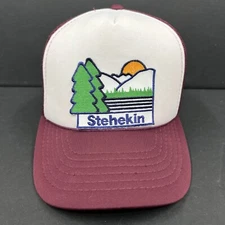 Vintage Stehekin Washington Patch Trucker Hat Maroon Mesh Yupoong SnapBack