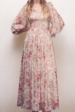 Womens V-neck Floral Print Retro Long Dress Lantern Sleeve Waist Slim Big Swing