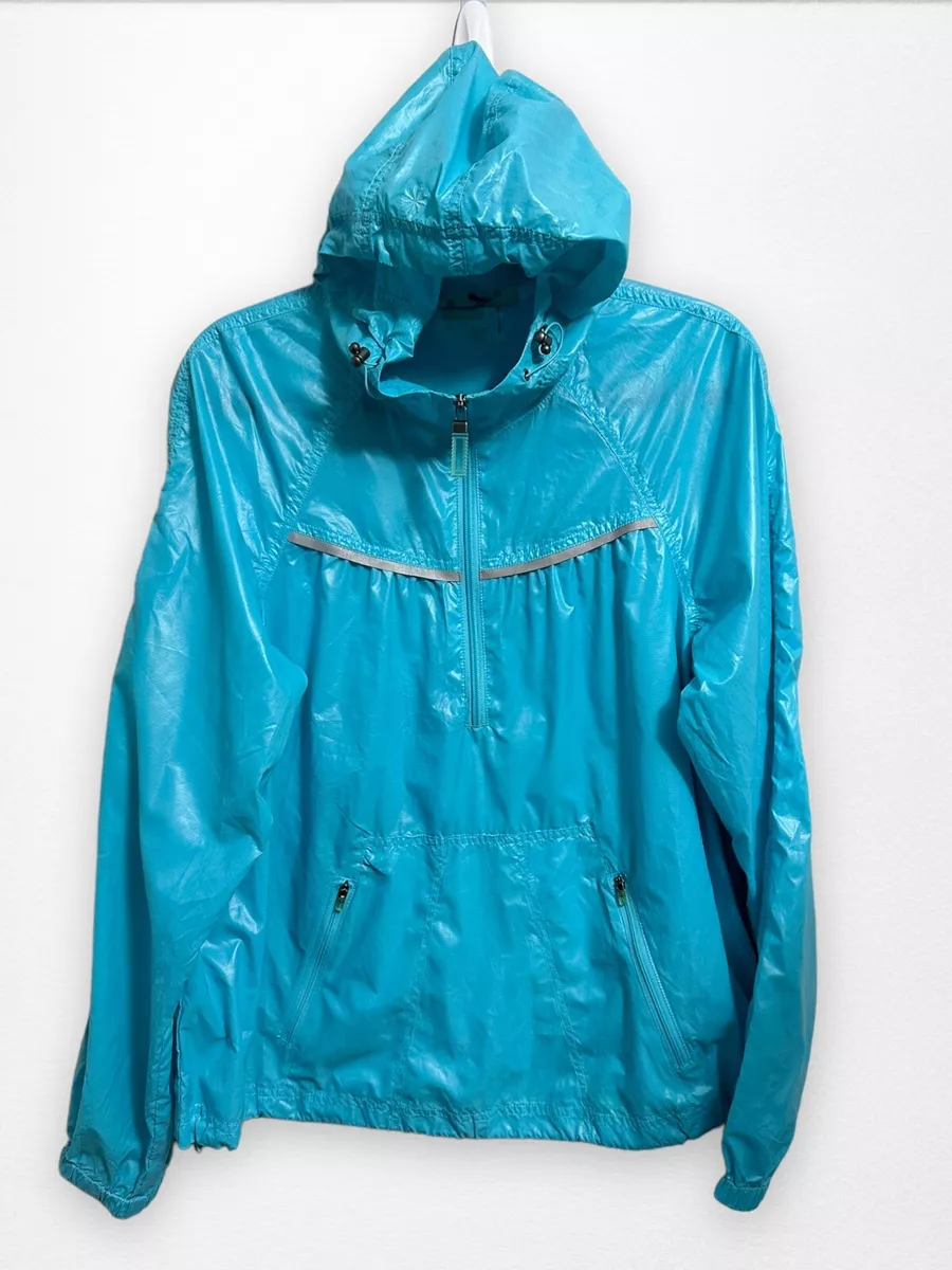 ATHLETA Womens L Turquoise Blue Packable Windbreaker Hood Jacket