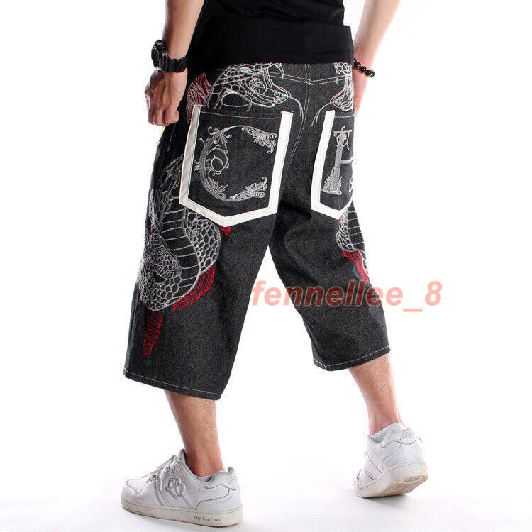 Men Embroidered Denim Shorts Hip Hop Snake Straight Baggy 3/4
